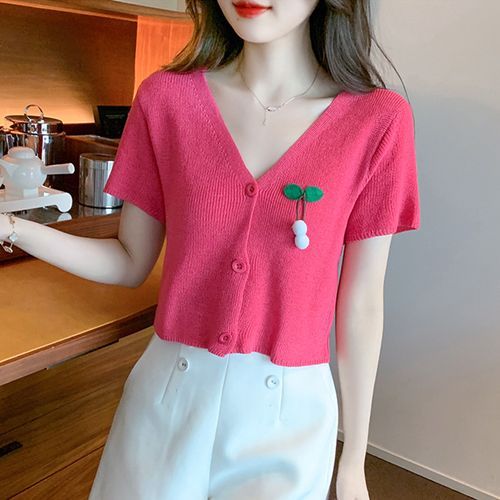 Chanolasie - Short-Sleeve V-Neck Cherry Knit Top