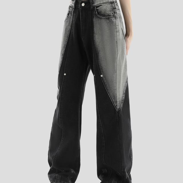 INStudio-Mid Rise Two-Tone Wide Leg Jeans
