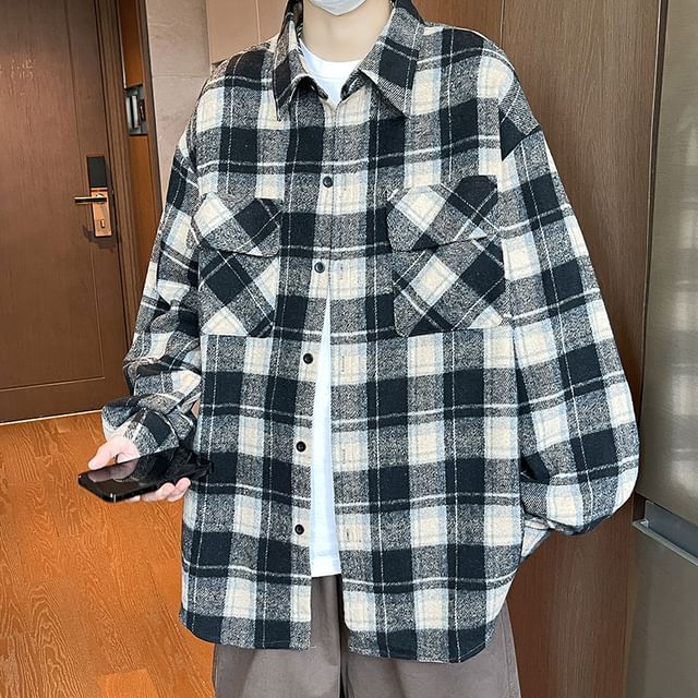 YIKES-Long Sleeve Collared Plaid Shirt