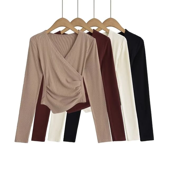 Asiris-Long Sleeve V-Neck Plain Wrap Ribbed Knit Ruched Crop Top