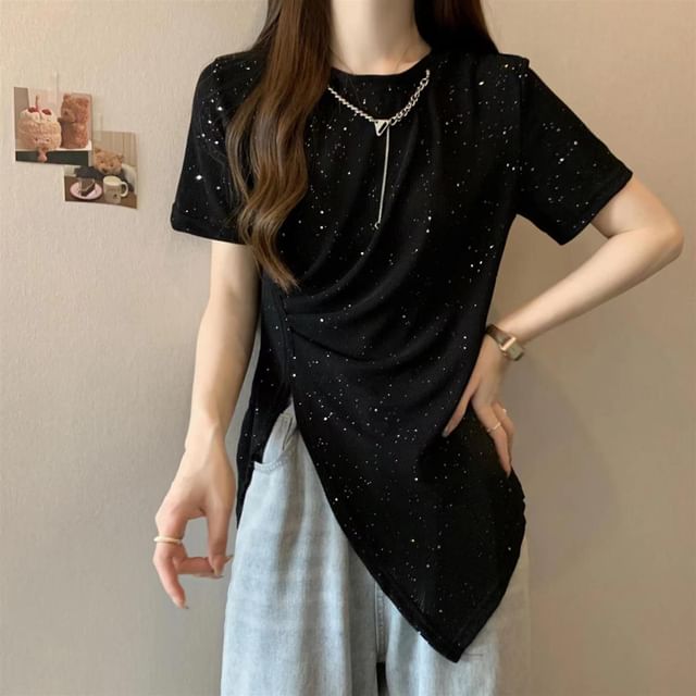 Everose-Short-Sleeve Asymmetrical Plain Tee