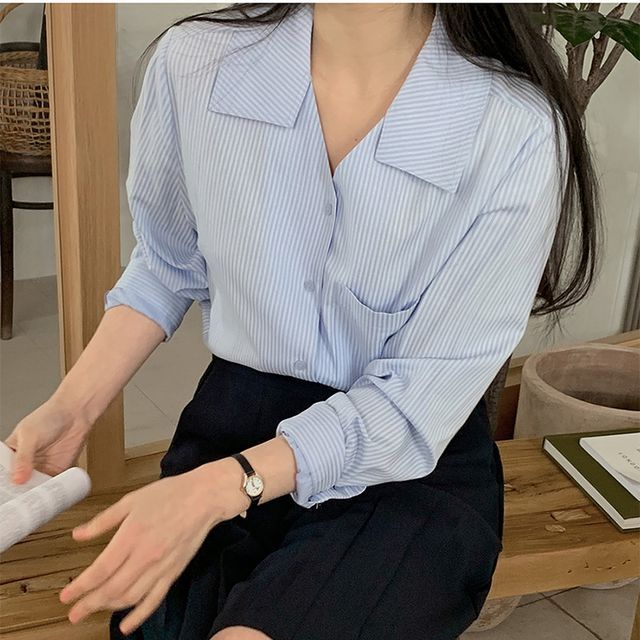 Everose-Long-Sleeve Sashed Striped Shirt