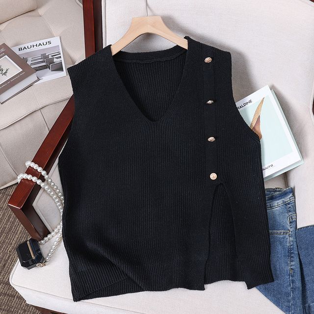 V-Neck Button Accent Plain Slit Sweater Vest