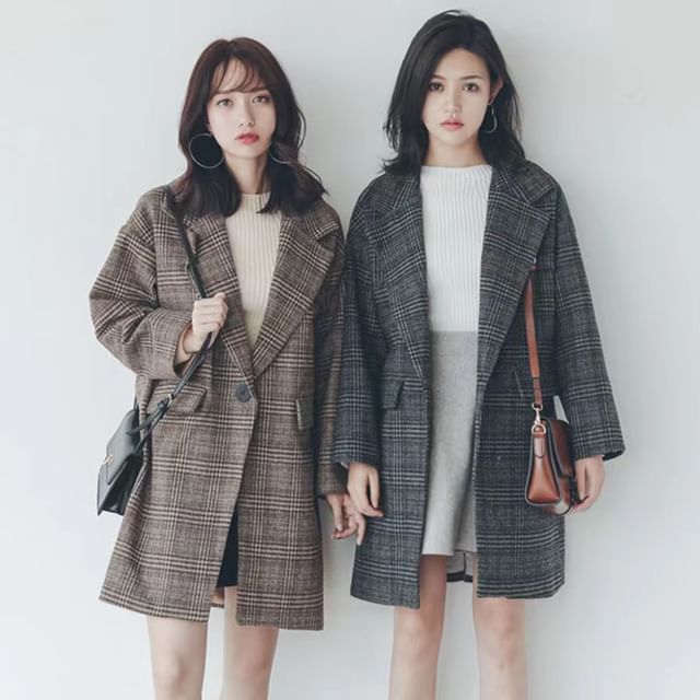 Essere-Lapel Collar Plaid Long Single-Button Coat