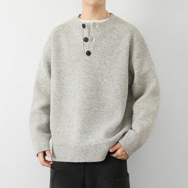 Zentrus-Drop Shoulder Henley Neck Plain Ribbed Knit Sweater