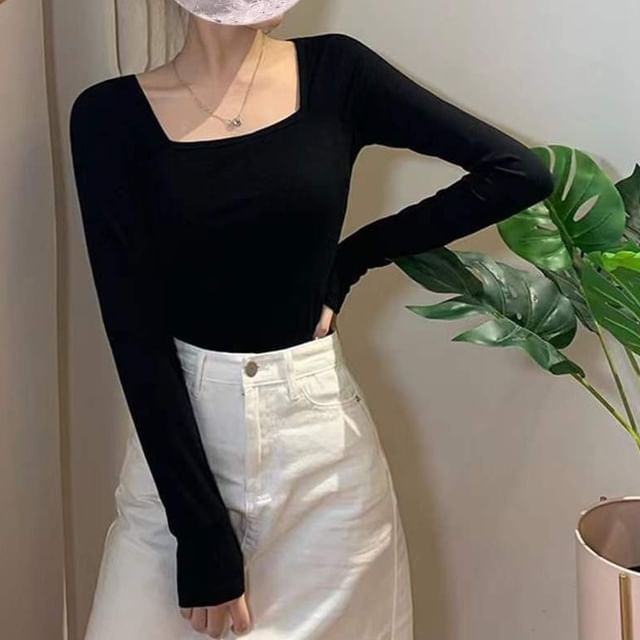 Sisyphi-Long-Sleeve Square Neck Plain Tee