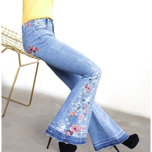  Women Flare Pants Bottom Floral Embroidered Bootcut Denim Bell  Jeans Fashion Bottoms,Light Blue,XL : Clothing, Shoes & Jewelry