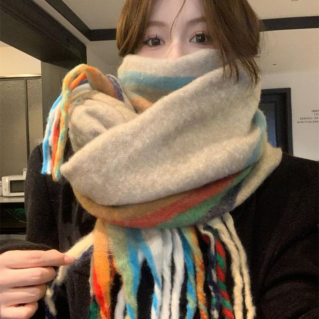 Combon-Striped Fringe Scarf