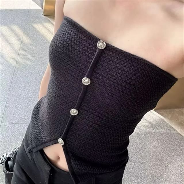 Asiris-Plain Button Detail Knit Tube Top