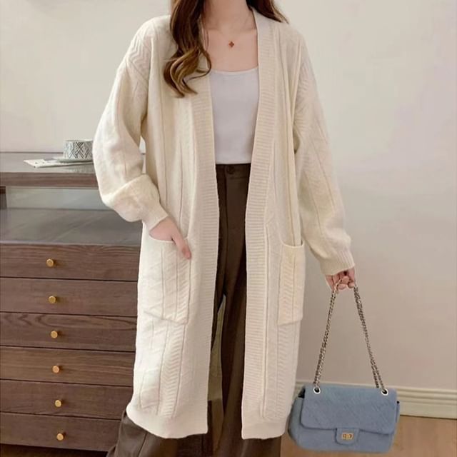 Odestra-Open Front Plain Long Cardigan