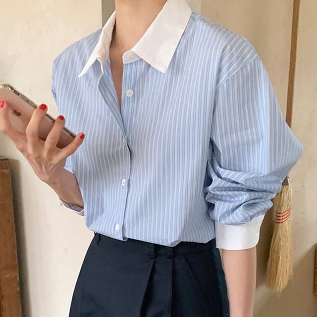 Happo-Long-Sleeve Striped Contrast Trim Button-Up Shirt