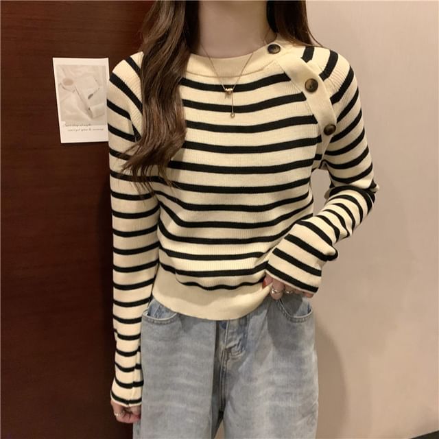 Sisyphi-Long-Sleeve Round Neck Striped Asymmetrical Button Knit Top