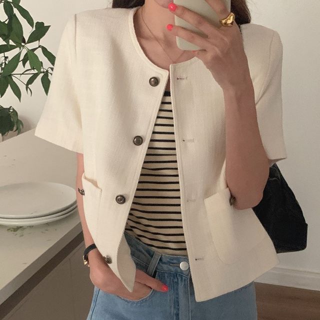Jesong-Short-Sleeve Round Neck Plain Button Jacket