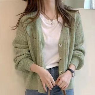 MIKIGA-V-Neck Plain Pointelle Knit Cardigan
