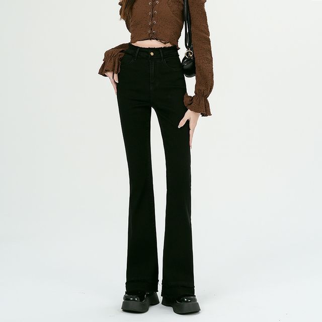 Denimot-High Waist Frayed Bootcut Jeans Various Designs