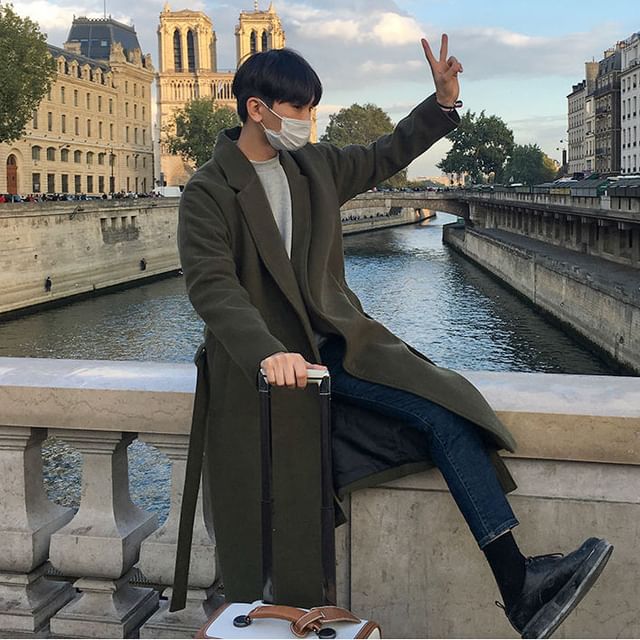 YIKES-Lapel Collar Plain Single-Breasted Long Coat