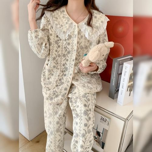 Kapaonik Pajama Set Long Sleeve Peter Pan Collar Floral Print