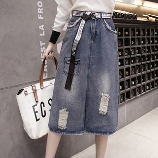 distressed denim midi skirt