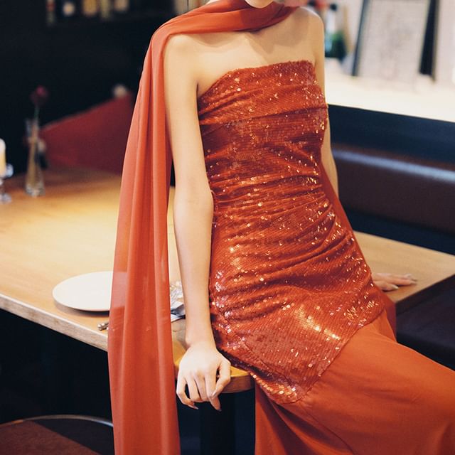 Fioridi-Strapless Sequin Panel Sheath Evening Gown