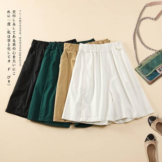 Lewwe-Elastic Waist Plain Shorts