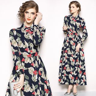 Yonna - Long-Sleeve Flower Print Maxi A-Line Dress | YesStyle