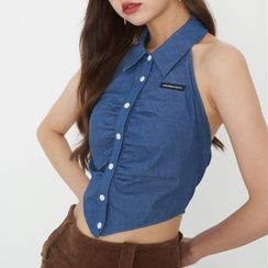 TOHADA - Sleeveless Polo-Collar Lace-Up Ruched Halter Top
