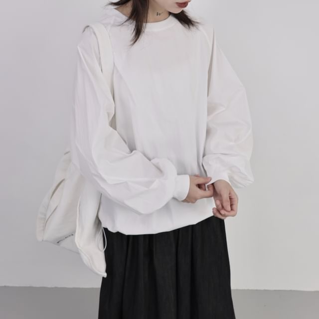 SIMPLE BLACK-Balloon Sleeve Round Neck Plain Drawstring Top