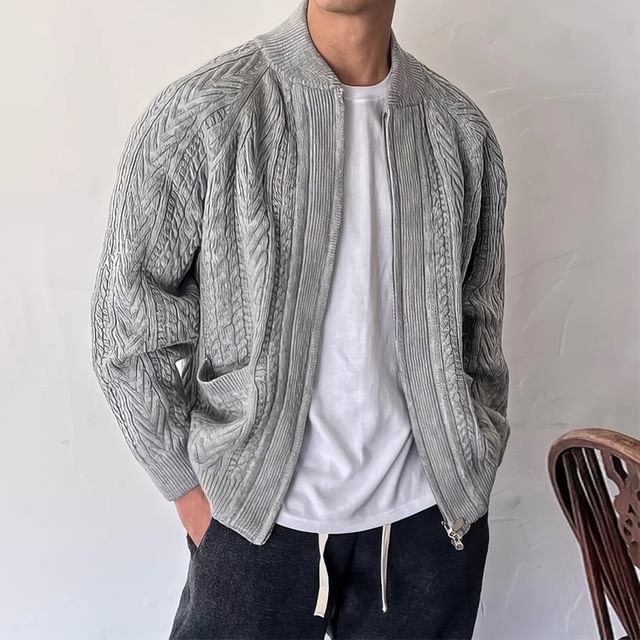 Okwano-Plain Cable-Knit Zip Cardigan