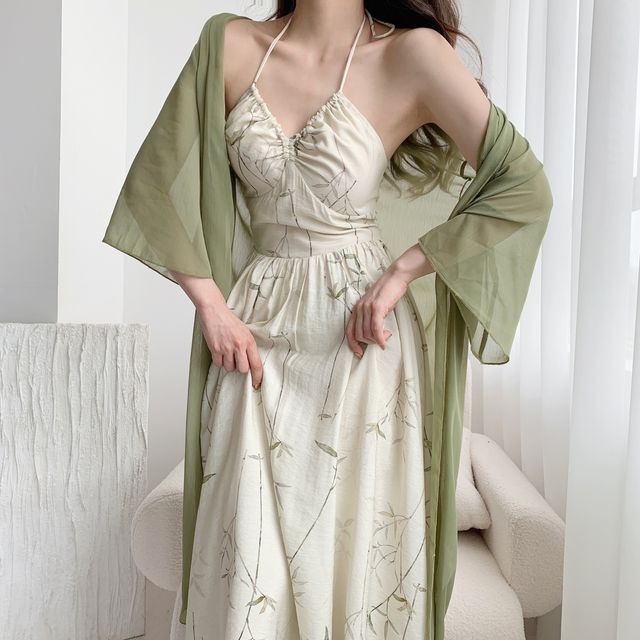 Catamin - Halter Leaf Print Midi A-Line Dress / Light Jacket / Set |  YesStyle