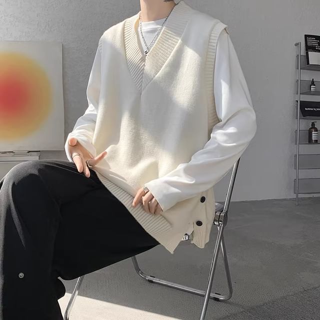 emeisa-V-Neck Plain Sweater Vest
