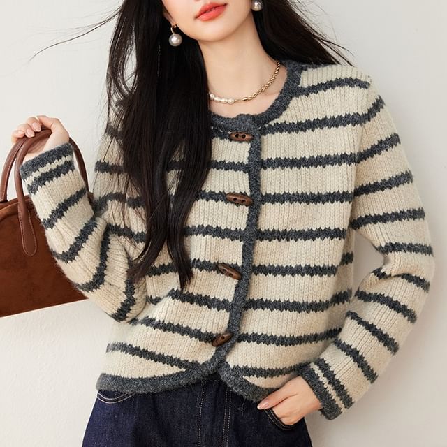 Shinsei-Crew Neck Striped Toggle Cardigan