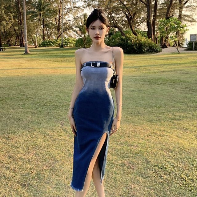 Girls Supply - Set: Gradient Slit Denim Midi Bodycon Tube Dress + Belt |  YesStyle