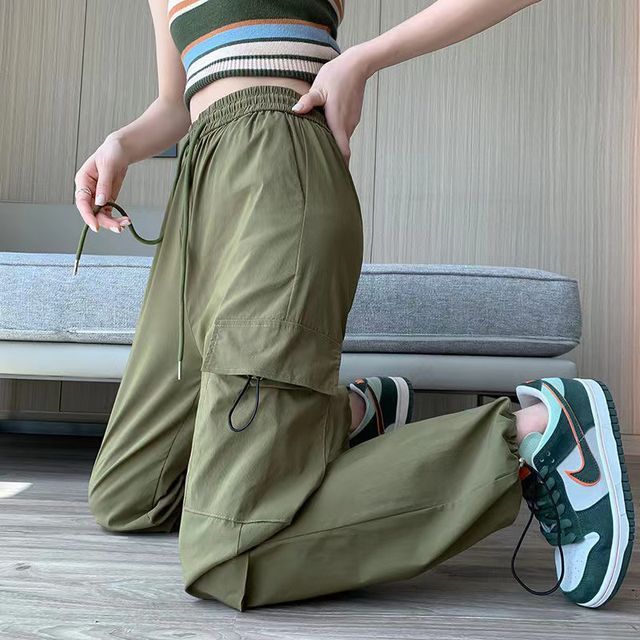 Everose-Drawstring Waist Plain Wide Leg Cargo Pants