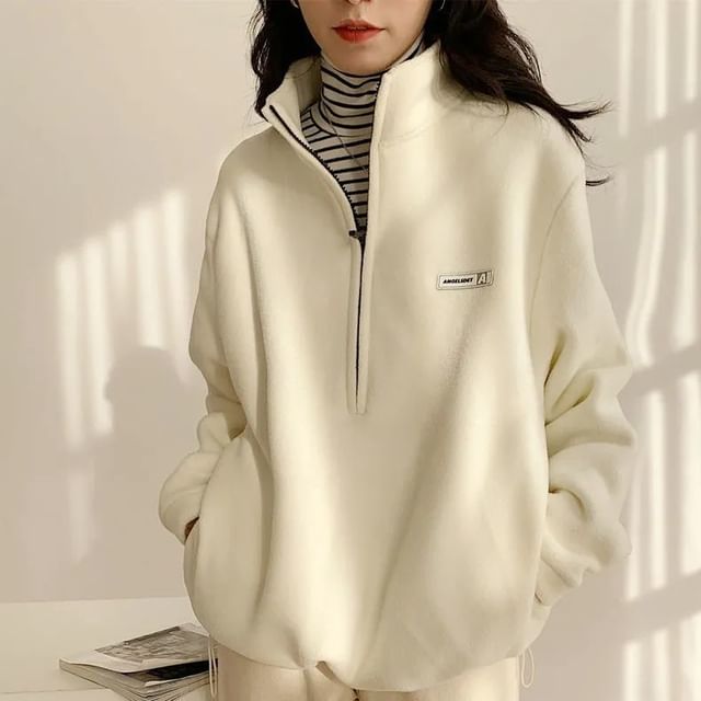 Cloud Nine-Stand Collar Plain Half Zip Fleece Sweatshirt