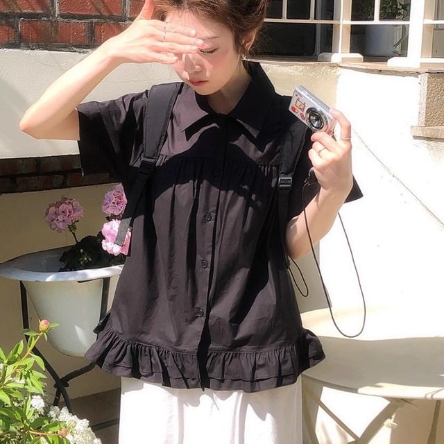 ISSOL-Short-Sleeve Collared Ruffle Hem Button-Up Plain Blouse