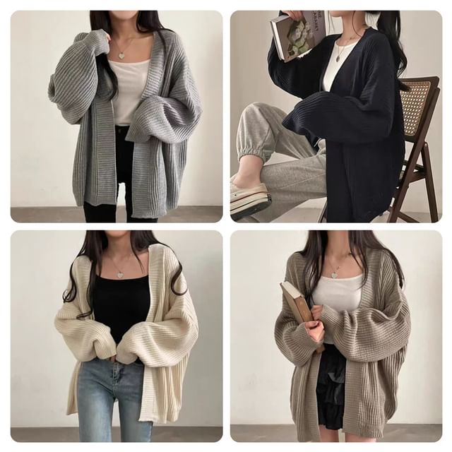 MIKIGA-Long Sleeve Plain Open Front Cardigan