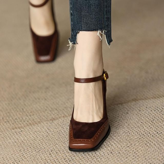 Anran-Square Toe Chunky Heel Mary Jane Pumps