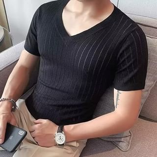 Urtishia-Short-Sleeve V-Neck Plain Knit Top