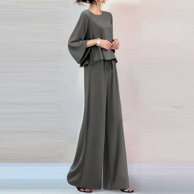 Supernova-Set Long-Sleeve Round Neck Plain Blouse Drawstring Waist Wide Leg Pants