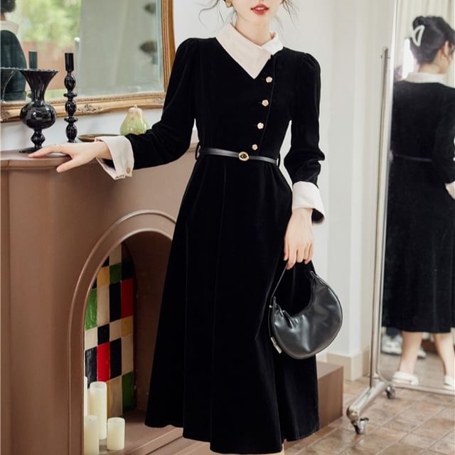 Pantho Set: Long-Sleeve Collar Two Tone Velvet Midi A-Line Dress