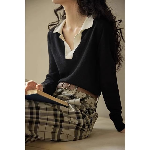 Faiar-Long-Sleeve V-Neck Collared Contrast Trim Knit Top