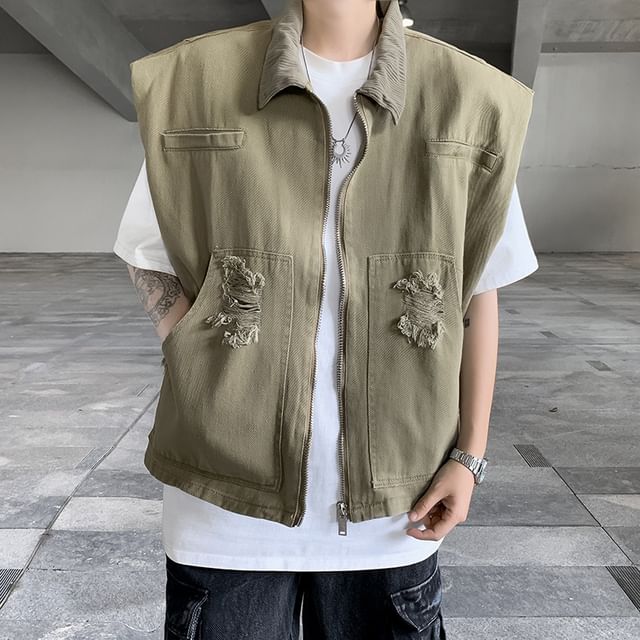 Hushgrain-Collar Plain Distressed Denim Zip Vest
