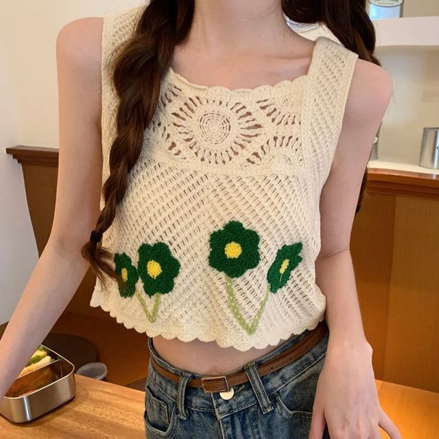 herceran - Flower Embroidered Crochet Knit Crop Tank Top | YesStyle