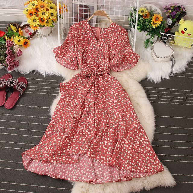 Knutsford ShortSleeve VNeck Ruffle Floral LaceUp Chiffon Mermaid