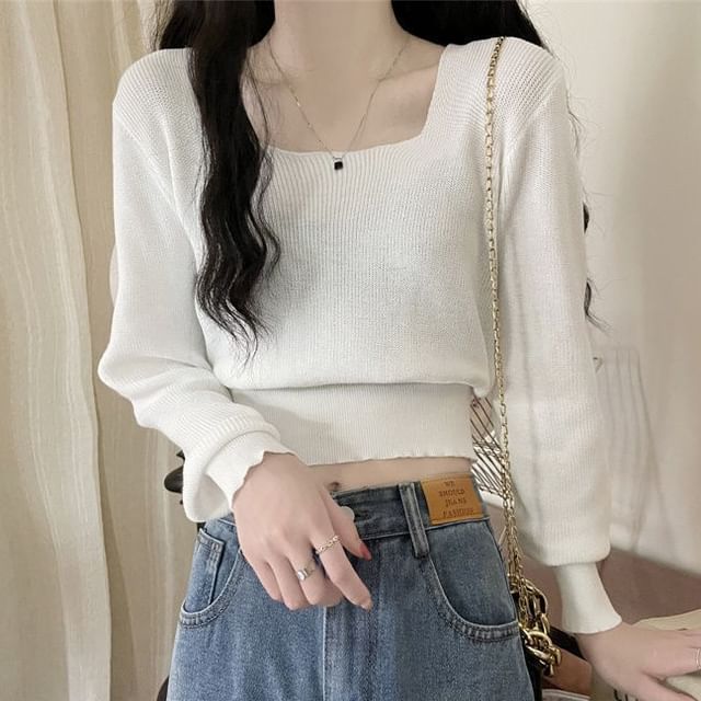 Sisyphi-Long-Sleeve Square Neck Plain Crop Knit Top