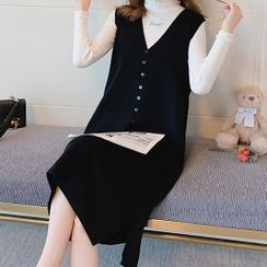 EZ Life - Maternity Long-Sleeve Knit Top / Sleeveless Midi A-Line Pinafore Dress EZ Life - Maternity Long-Sleeve Knit Top / Sleeveless Midi A-Line Pinafore Dress