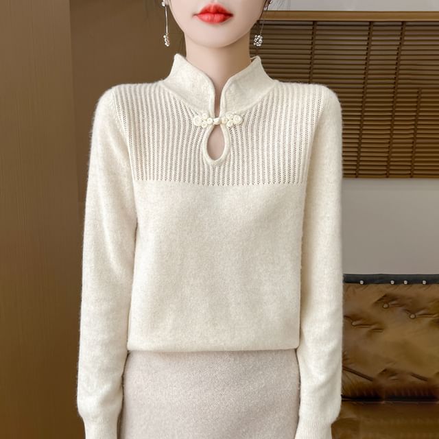 Weelop-Long Sleeve Mandarin Collar Keyhole Plain Sweater