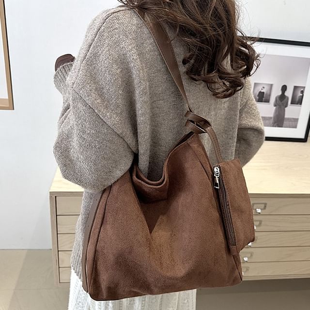 Indenis-Set Plain Faux Suede Tote Bag Pouch