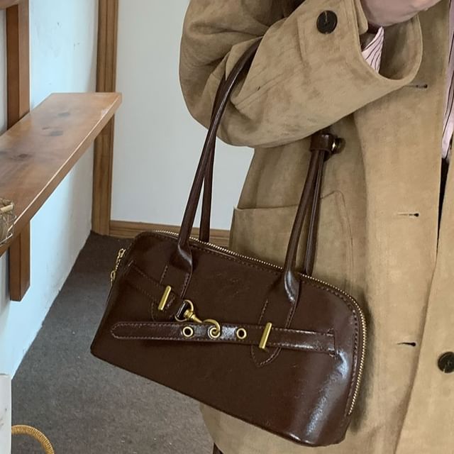 Indenis-Plain Buckled Faux Leather Shoulder Bag