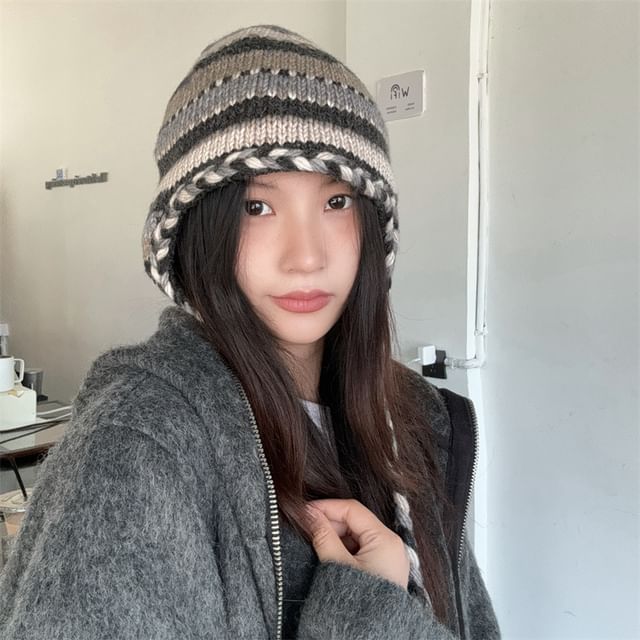 4-4 STUDIO-Striped Knit Beanie